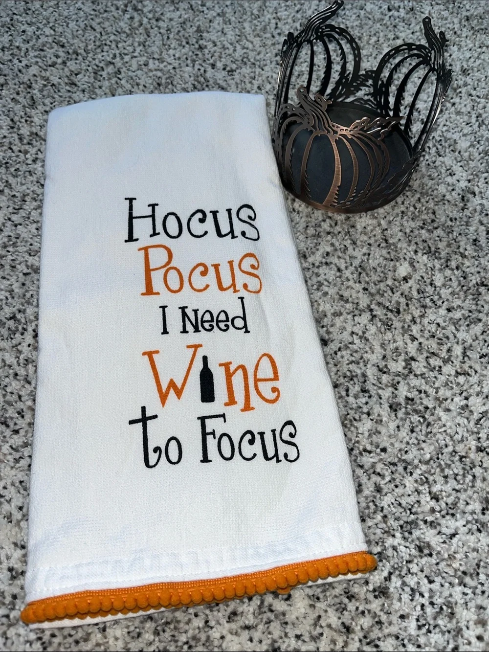 Hocus Pocus kitchen towel and pumpkin candle holder